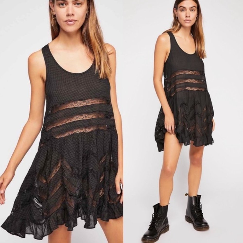 Free People Voile and Lace Trapeze Slip Dress NWT ALL BLACK XS